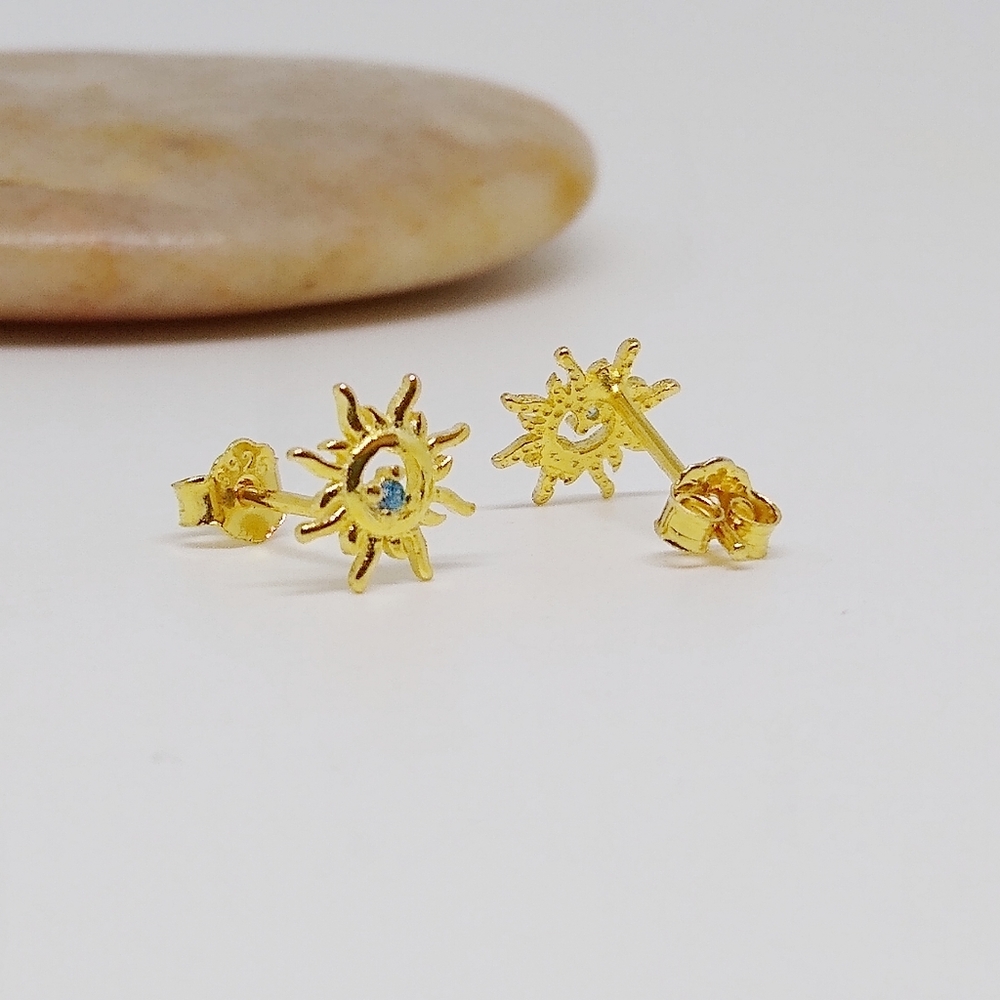 Tiny Dainty Gold CZ Sun Stud Earrings - Picture 6 of 7